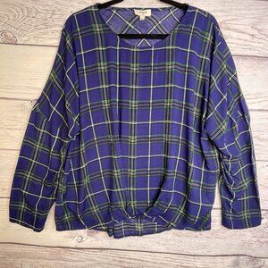 Umgee Women's Plaid Top‎ Size L Blue Green White Long Sleeve Tie Front Preppy